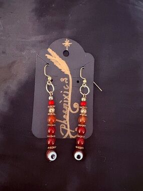 Red Evil Eye & Carnelian Beaded Dangle Earrings w/Brass accents.
